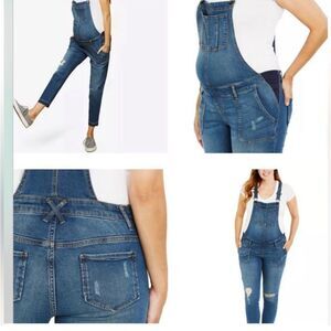 Indigo Blue- Maternity Side Panels Hook Letdown Distressed Overalls Size M